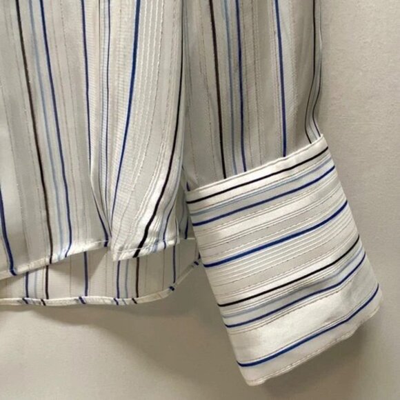 White House Black Market Blouse Women's Small Blue Metallic Stripe Semi Sheer - Picture 5 of 13